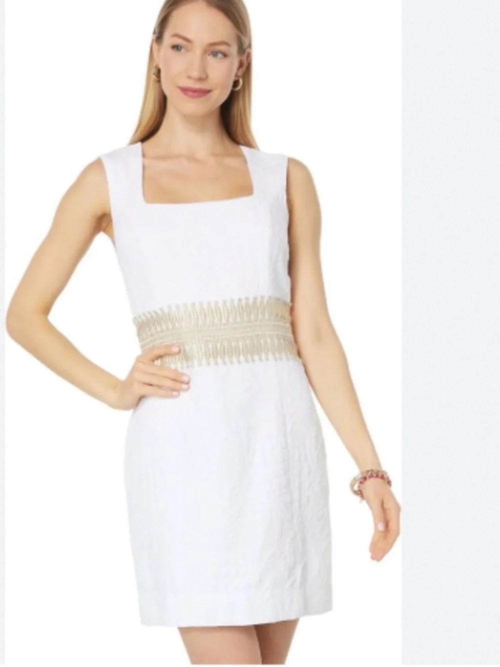 Lilly Pulitzer White Sleeveless Square-Neck Mini Dress with Gold Waist Trim - Picture 1 of 7